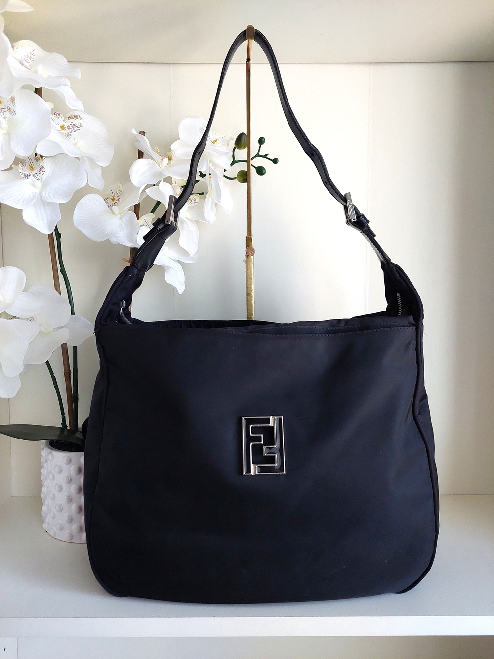 Fendi Zucca FF Logo Black Nylon Shoulder Bag